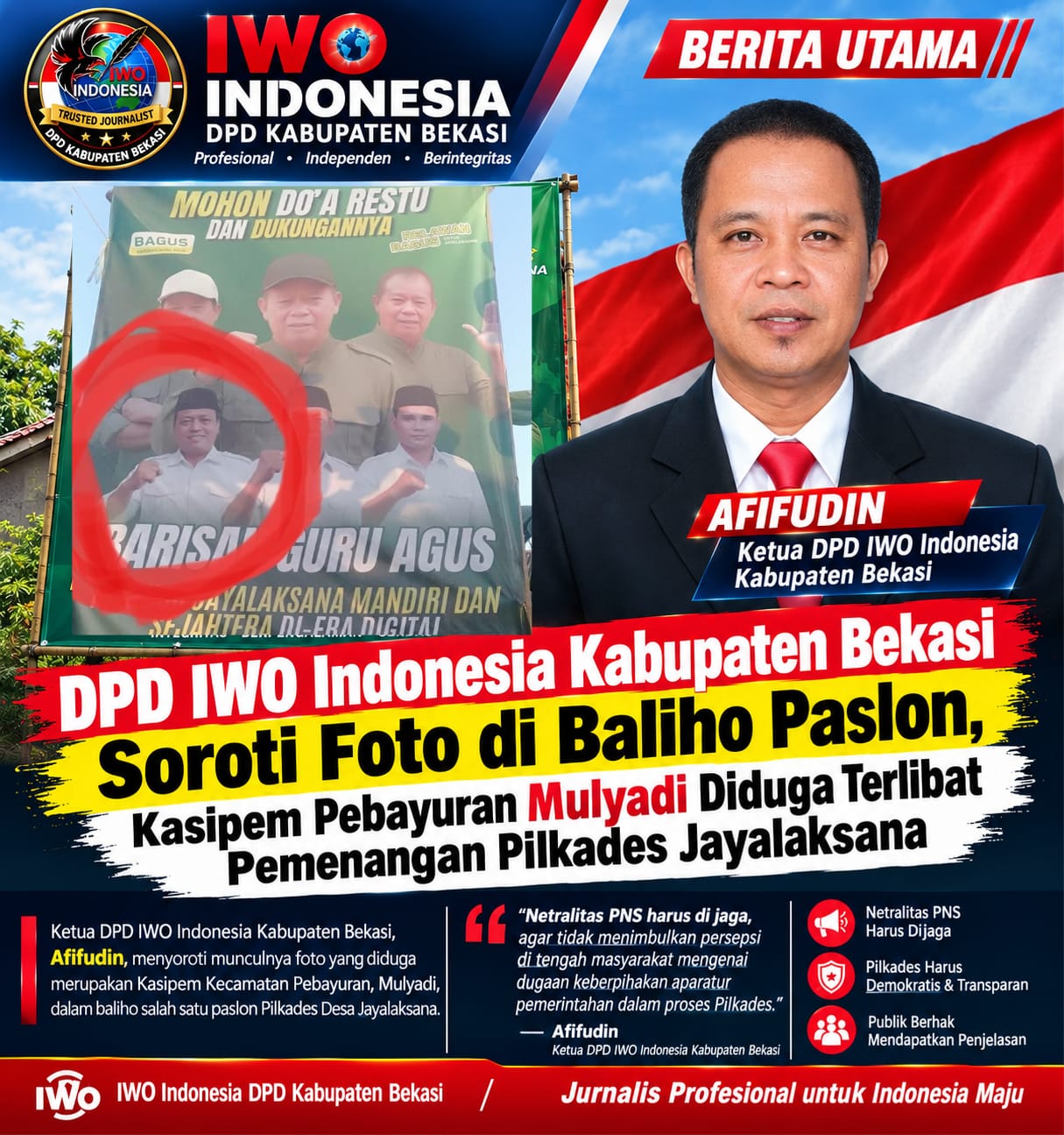 Foto Mulyadi di Baliho Pilkades Jayalaksana Disorot, IWO Indonesia Bekasi Minta Klarifikasi