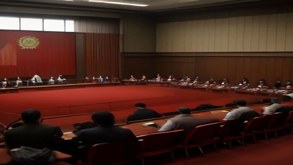 Ilustrasi suasana diskusi politik antara para tokoh partai di gedung parlemen dengan latar bendera negara.